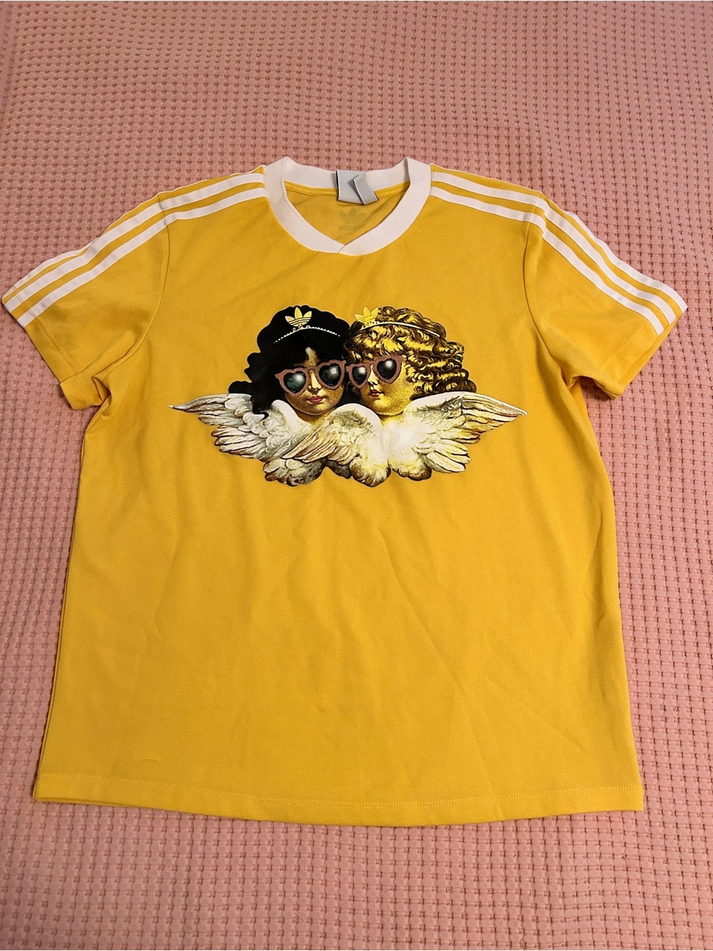 adidas Yellow Long Sleeve-Inspired Tee with Angel Graphic and White Stripes